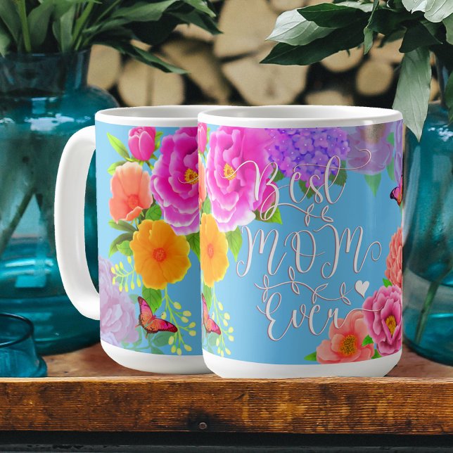 Romantic Peonies Garden Blue Best Mum Coffee Mug (Personalized Best Mom Ever Peonies Blue Coffee Mug. )
