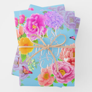 Romantic Peonies Garden Blue Best Mum Wrapping Paper Sheet