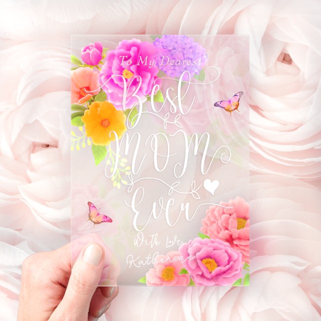 Romantic Peonies Garden Mother's Day Acrylic Invitations (Elegant Romantic Peonies Floral Flourishing Words " Best Mom Ever" Acrylic Card.)