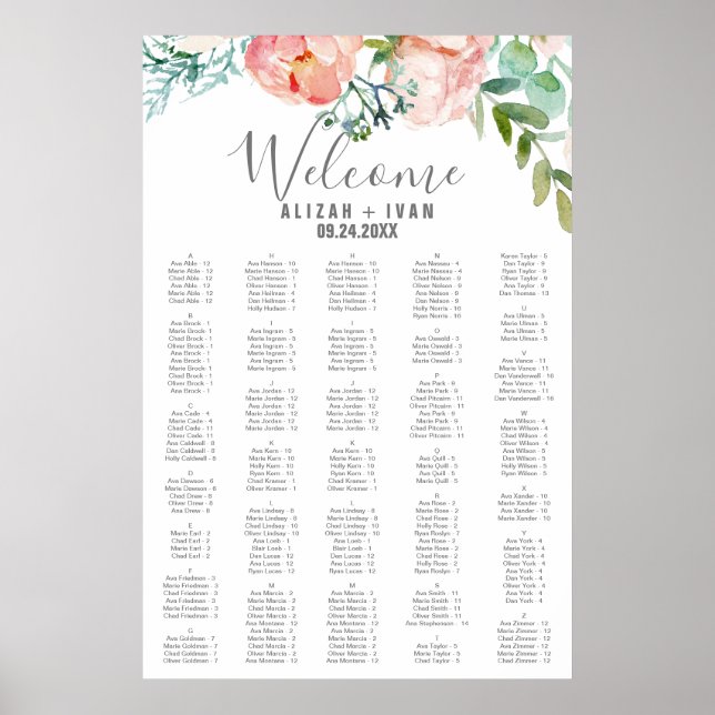 Romantic Peonies Large Alphabetical Seating Chart (Front)