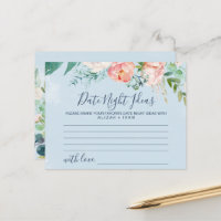 Romantic Peonies Light Blue Date Night Idea Cards