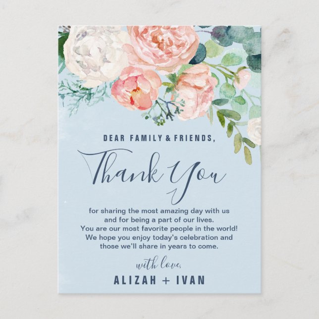 Romantic Peonies Light Blue Thank You Wedding Card (Front)