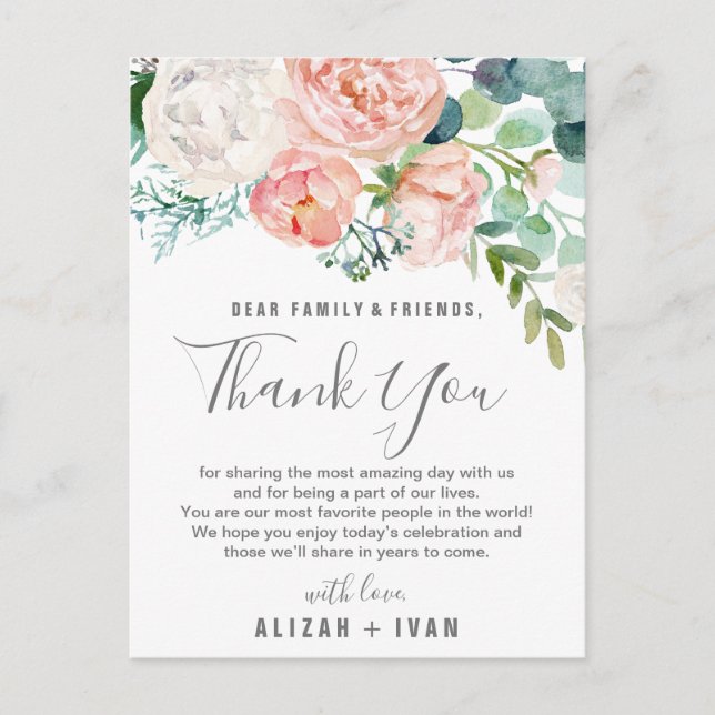 Romantic Peonies Thank You Reception Card (Front)