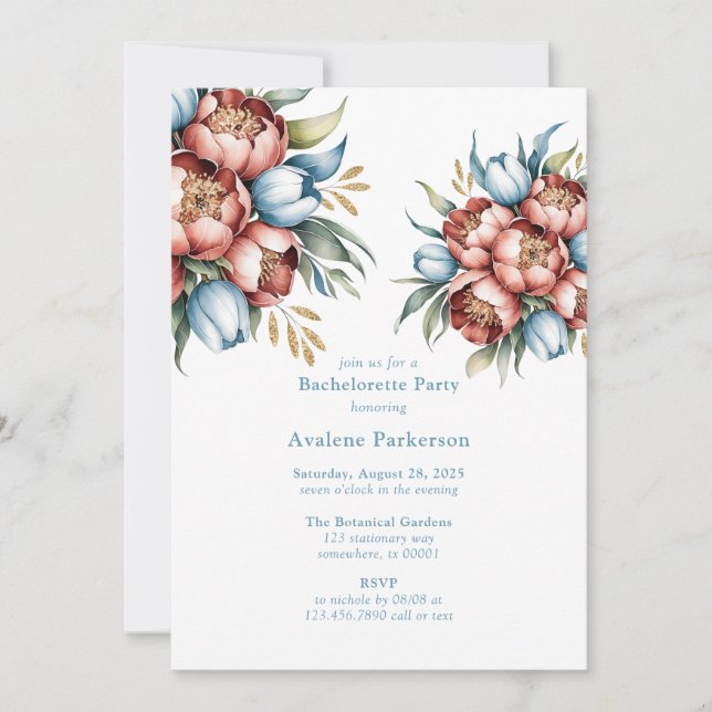 Romantic Peonies & Tulips Bachelorette Party Invitation (Front)