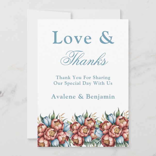 Romantic Peonies & Tulips Wedding Thank You Cards (Front)
