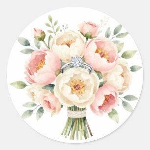 Romantic Peony Bouquet with Diamond Ring Classic Round Sticker