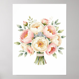 Romantic Peony Bouquet with Diamond Ring Poster