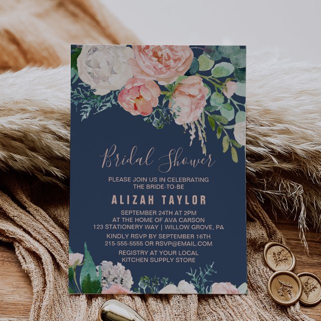 Romantic Peony Flowers | Blue Bridal Shower Invitation (Creator Uploaded)