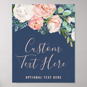 Romantic Peony Flowers Blue Custom Text Sign