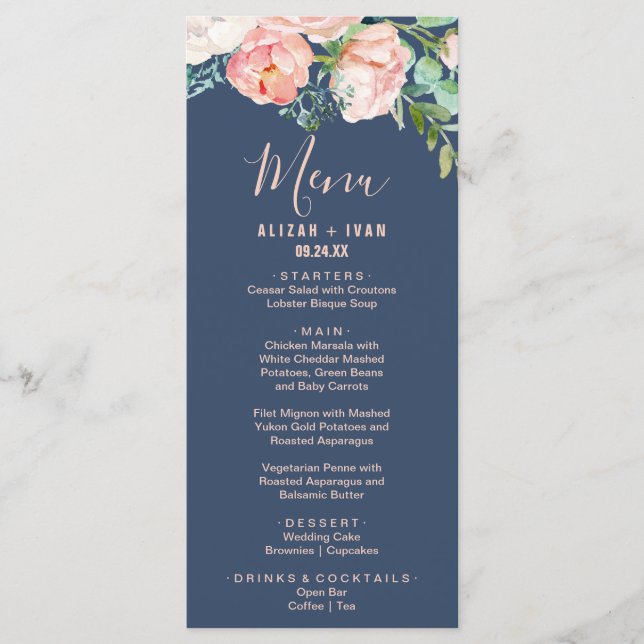 Romantic Peony Flowers | Blue Dinner Menu Card (Front)