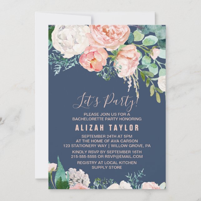 Romantic Peony Flowers | Blue Let's Party Invitation (Front)
