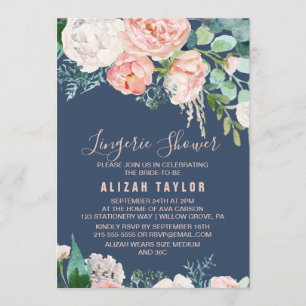 Romantic Peony Flowers Blue Lingerie Shower Invitation