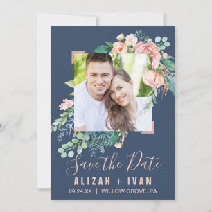Romantic Peony Flowers Blue Photo Save the Date