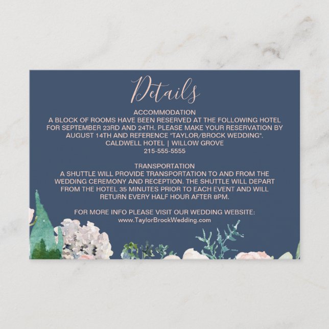 Romantic Peony Flowers | Blue Wedding Details Card (Front)