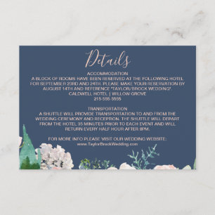 Romantic Peony Flowers Blue Wedding Details Card