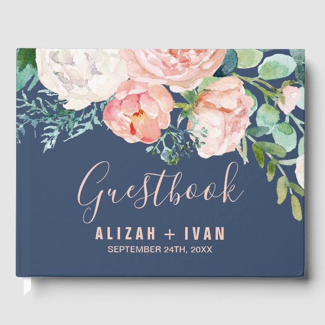Romantic Peony Flowers | Blue Wedding Guest Book (Front)