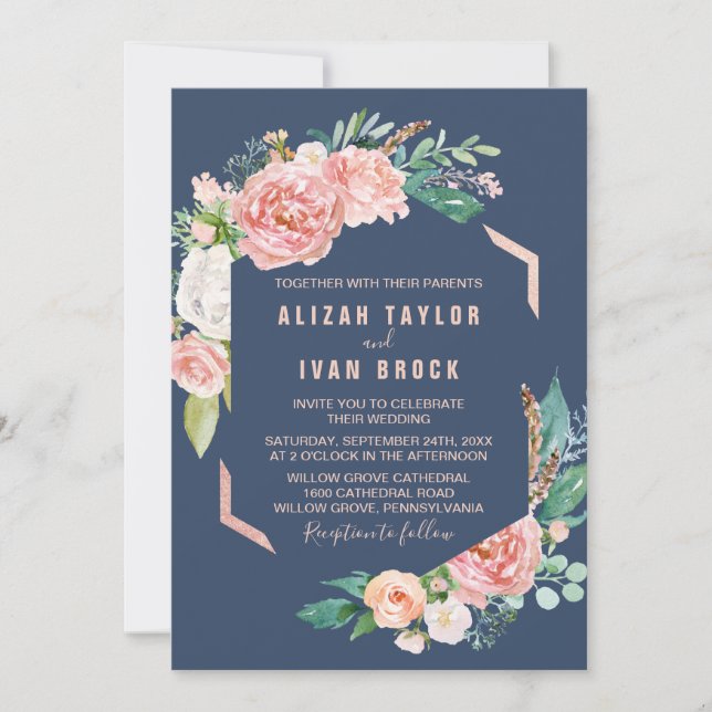 Romantic Peony Flowers | Blue Wedding Invitation (Front)