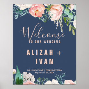 Romantic Peony Flowers Blue Welcome Wedding Poster