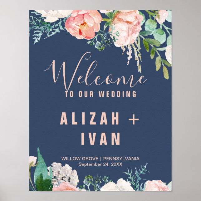 Romantic Peony Flowers | Blue Welcome Wedding Poster (Front)