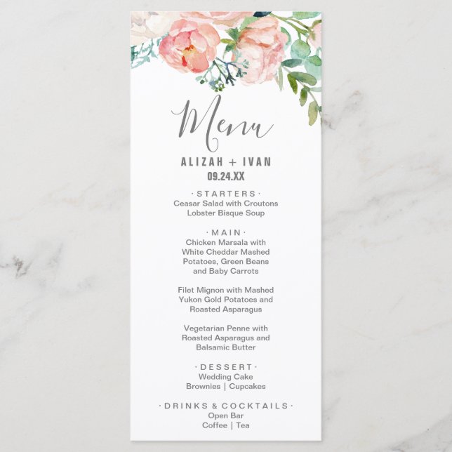 Romantic Peony Flowers Dinner Menu Card (Front)