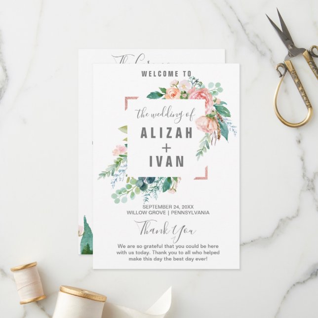 Romantic Peony Flowers Wedding Program Programme (Front/Back In Situ)