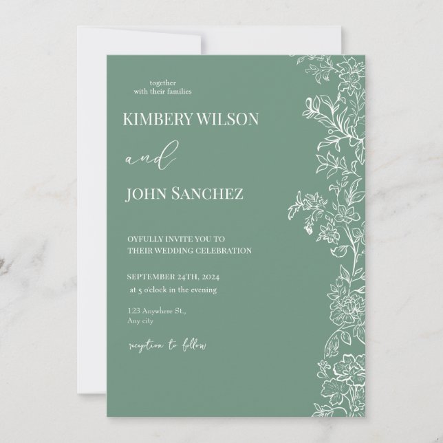 Romantic Periwinkle Floral Green Wedding Invitatio Invitation (Front)