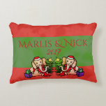 Romantic Personalised First Christmas Elephants Decorative Cushion<br><div class="desc">The cute cartoon elephants on the front of this romantic Christmas pillow in traditional Holiday colours sit side by side between piled gift boxes and a Christmas tree. They wear a Santa hats, big bright scarfs and warm smiles. All text, including the one on the reverse, can be easily personalised...</div>