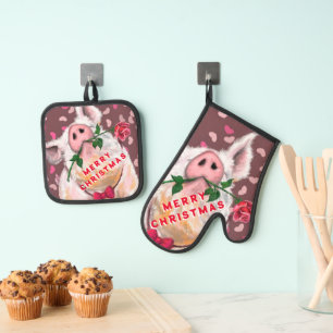 Romantic Pig with Rose Funny Christmas Oven Mitt & Pot Holder Set