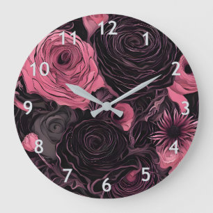 Romantic Pink and Black Gothic Roses Large Clock