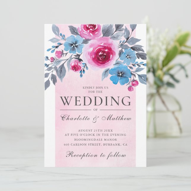 Romantic Pink And Blue Watercolor Floral Wedding Invitation (Standing Front)