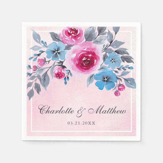 Romantic Pink And Blue Watercolor Floral Wedding Napkin (Front)