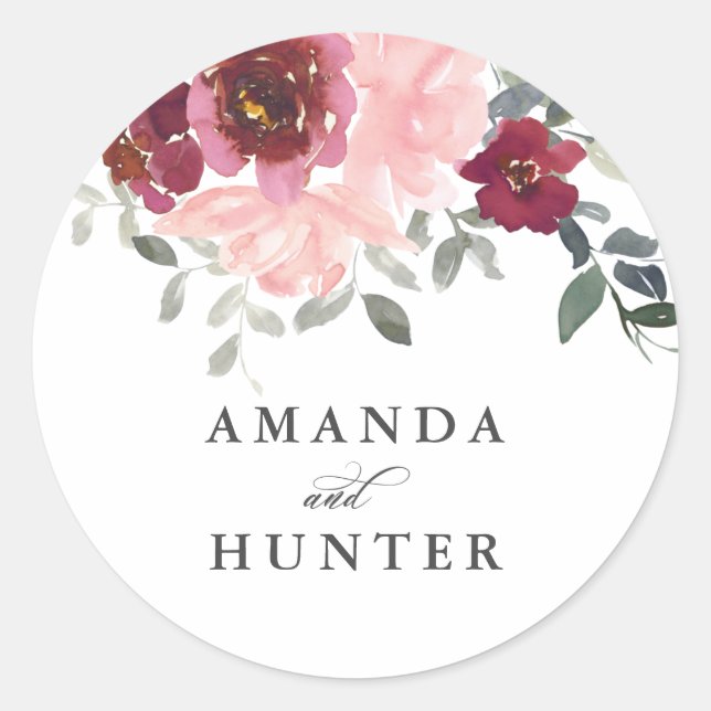 Romantic Pink and Burgundy Floral Bride and Groom Classic Round Sticker (Front)