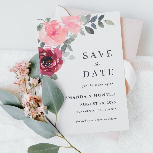 Romantic Pink and Burgundy Floral Save the Date Invitation (Creator Uploaded)