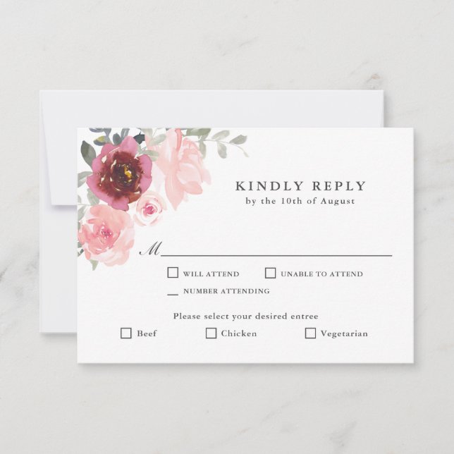 Romantic Pink and Burgundy RSVP with Entrees (Front)