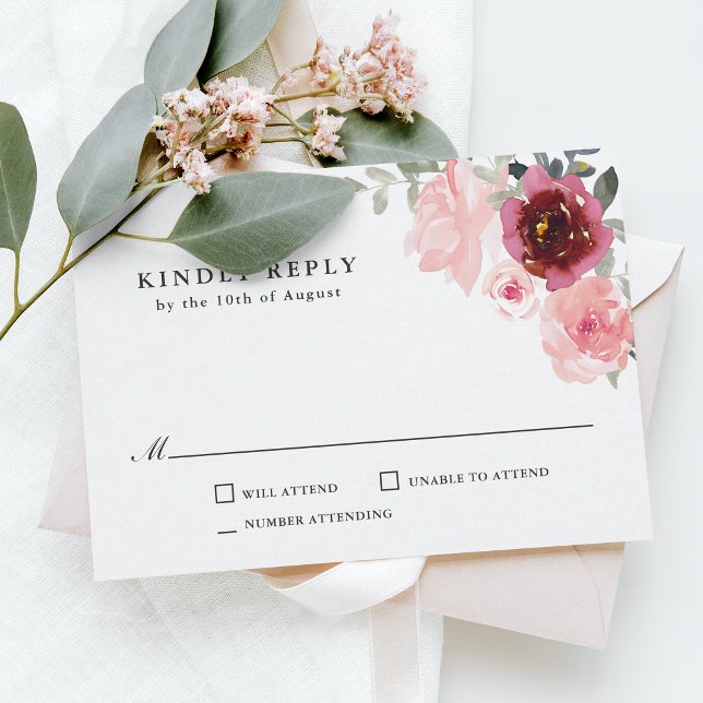 Romantic Pink and Burgundy Wedding RSVP Card (Creator Uploaded)