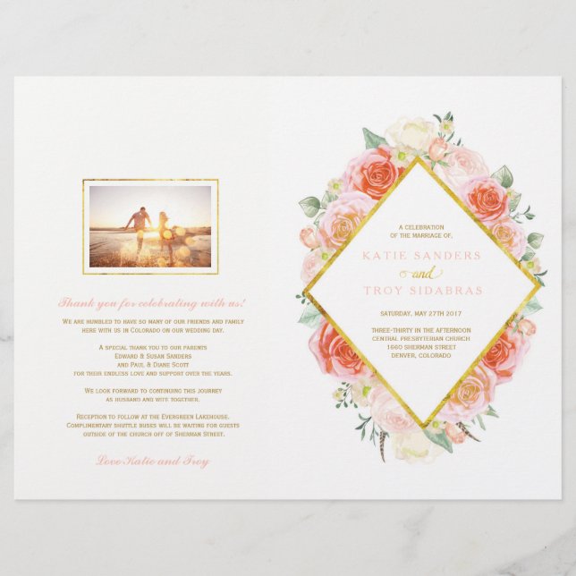 Romantic Pink and Coral Roses Wedding Programs (Front)