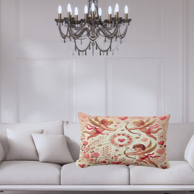 Romantic Pink and Gold Cupid Lumbar Cushion (Romantic Pink and Gold Cupid Lumbar Pillow – Add a sweet touch of love to your space.)
