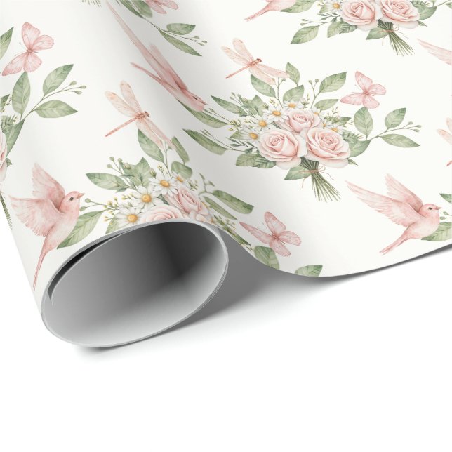 Romantic pink and green bird and flowers wrapping paper (Roll Corner)