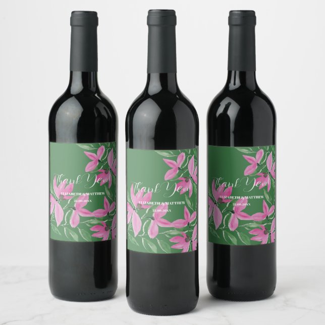 Romantic Pink And Green Wildflowers Watercolor Art Wine Label (Bottles)
