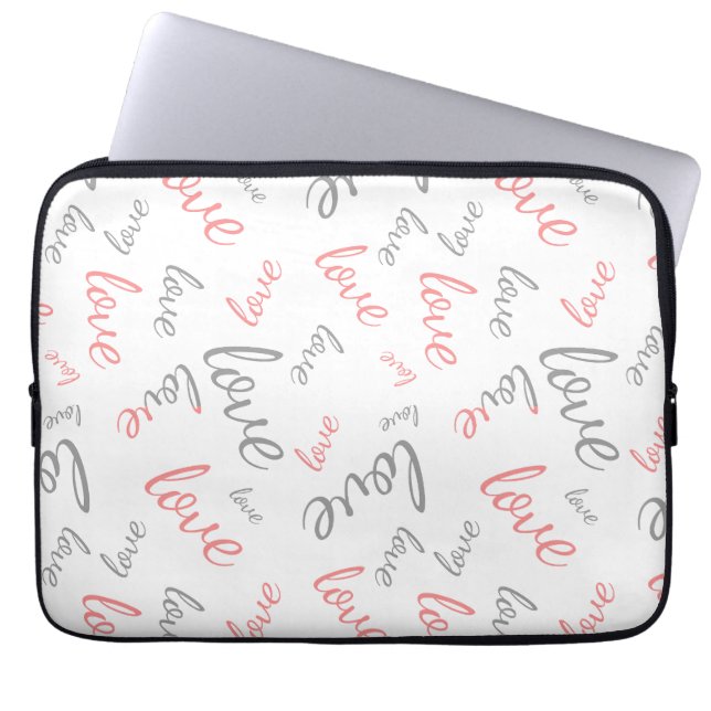 Romantic Pink and Grey Love Script Cursive Laptop Sleeve (Front)