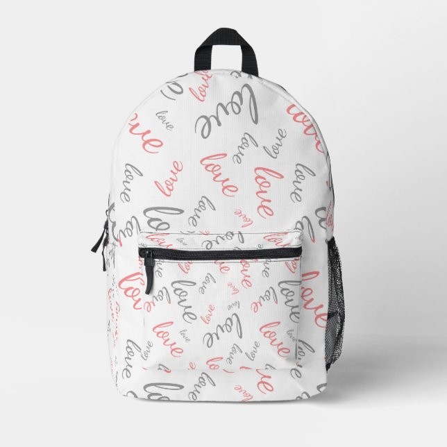 Romantic Pink and Grey Love Script Cursive Printed Backpack (Front)