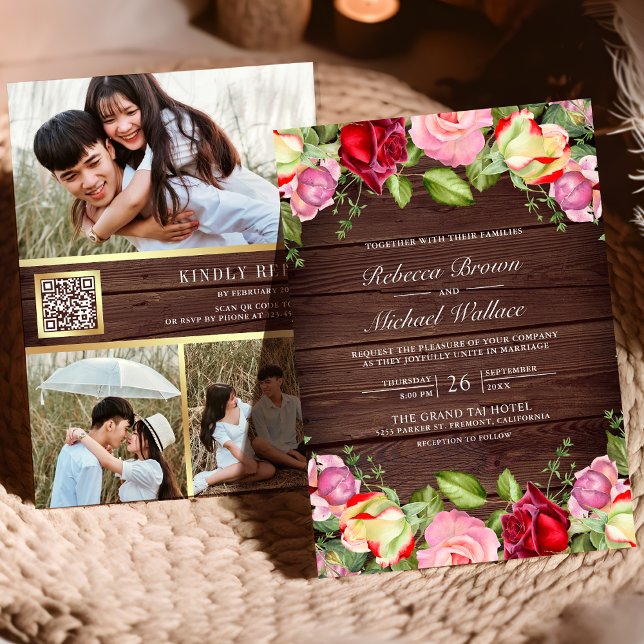 Romantic Pink and Red Roses QR Code Wood Wedding Invitation (Creator Uploaded)