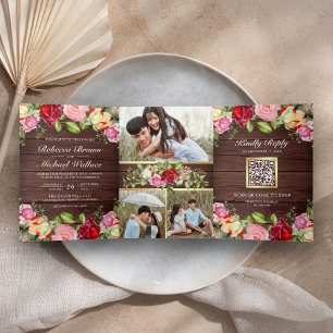 Romantic Pink and Red Roses QR Code Wood Wedding Tri-Fold Invitation