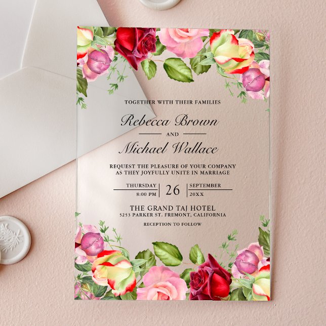 Romantic Pink and Red Roses Wedding Acrylic Invitations (Creator Uploaded)