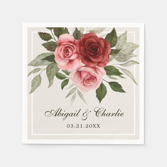 Romantic Pink And Red Watercolor Floral Wedding Napkin (Front)