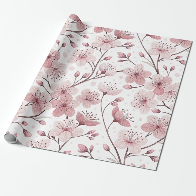 Romantic Pink Blossom Branches White Floral Wrapping Paper (Unrolled)