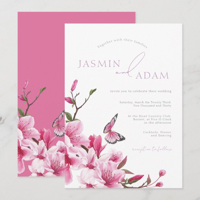 Romantic Pink Blossom Butterfly Wedding Invitation (Front/Back)
