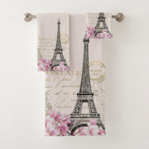 Romantic Pink Blossoms Paris Eiffel Tower Bath Towel Set