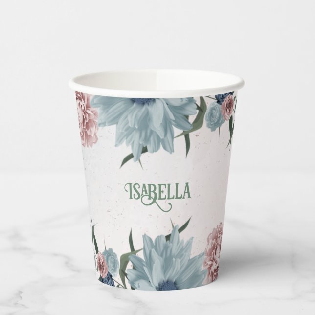 Romantic pink blue flowers greenery paper cups (Left)