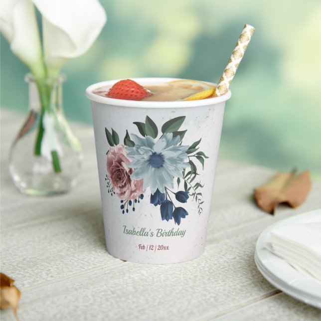 Romantic pink blue flowers greenery paper cups (Insitu)